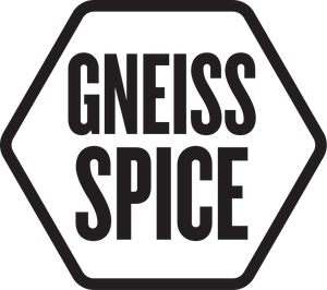 Hexagonal logo with bold, black lettering that reads "Gneiss Spice.