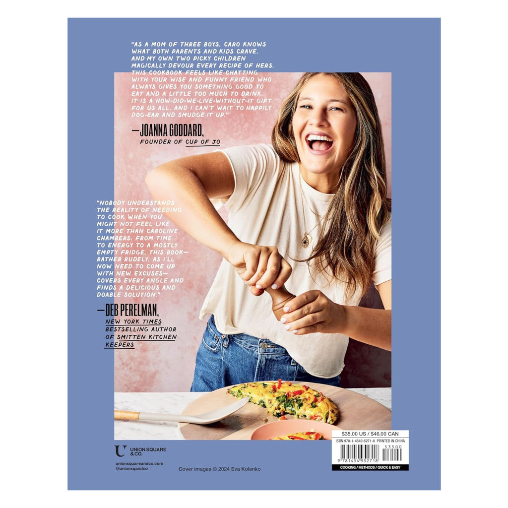 A cheerful woman wearing a casual white shirt and jeans eagerly pours olive oil from a bottle. In front of her sits a wooden cutting board adorned with a vibrant homemade vegetable pizza, highlighting one of her favorite dinner ideas from "What To Cook When You Don't Feel Like Cooking" by Gneiss Spice. Text and quotes surround the image, enhancing the culinary scene.