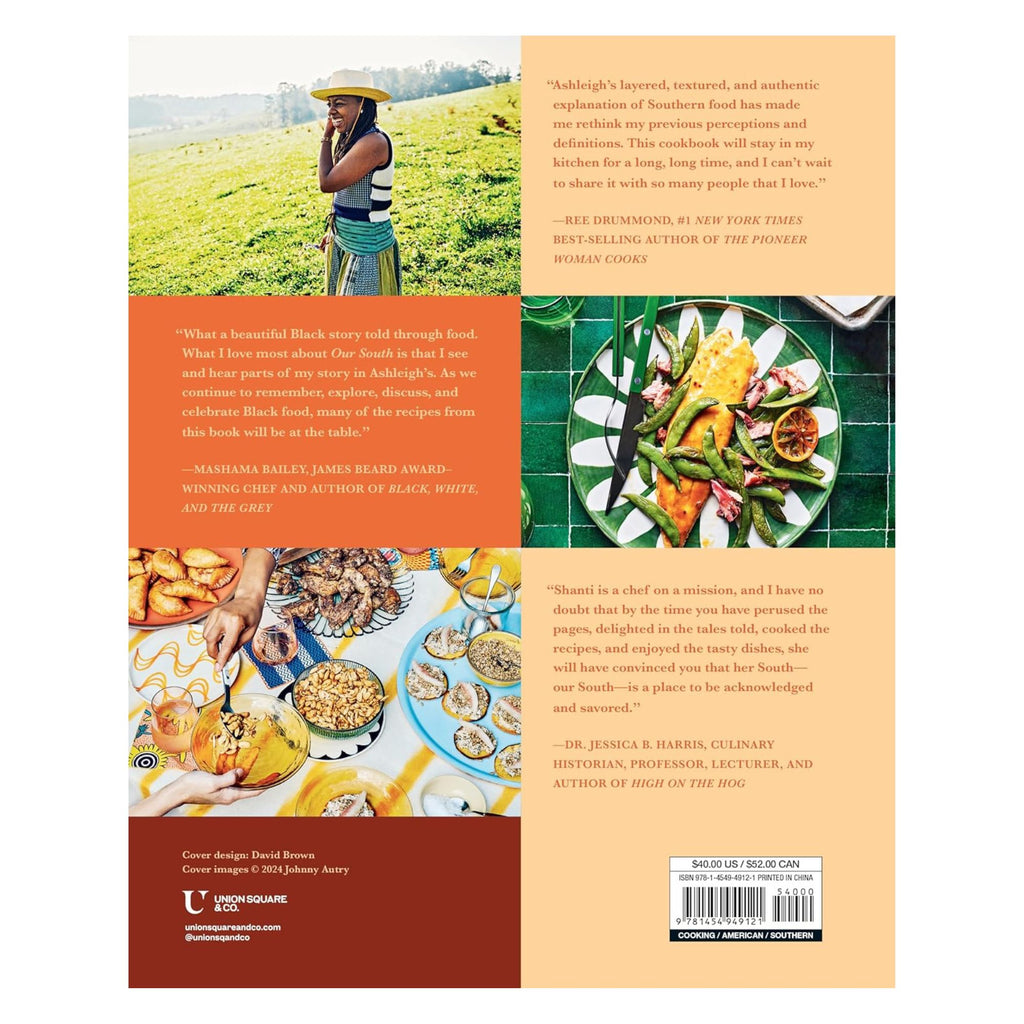 The image showcases the back cover of the cookbook, "Our South: Black Food Through My Lens" by Gneiss Spice. It includes three testimonials, a price tag, and several food photos such as a salad and fried chicken. A scenic farm image graces the top while the publisher's contact information is displayed at the bottom.