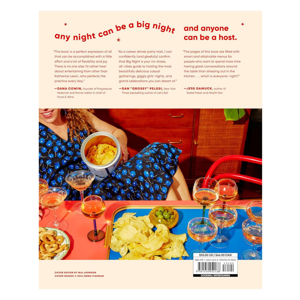 The back cover of "Big Night: Dinners, Parties, and Dinner Parties" by Gneiss Spice features a casually dressed person in a patterned outfit holding a taco over a table laden with cocktails and appetizers, perfectly embodying the essence of hosting essentials. The text includes blurbs from various authors applauding its fresh perspective on home entertaining for dinner parties.