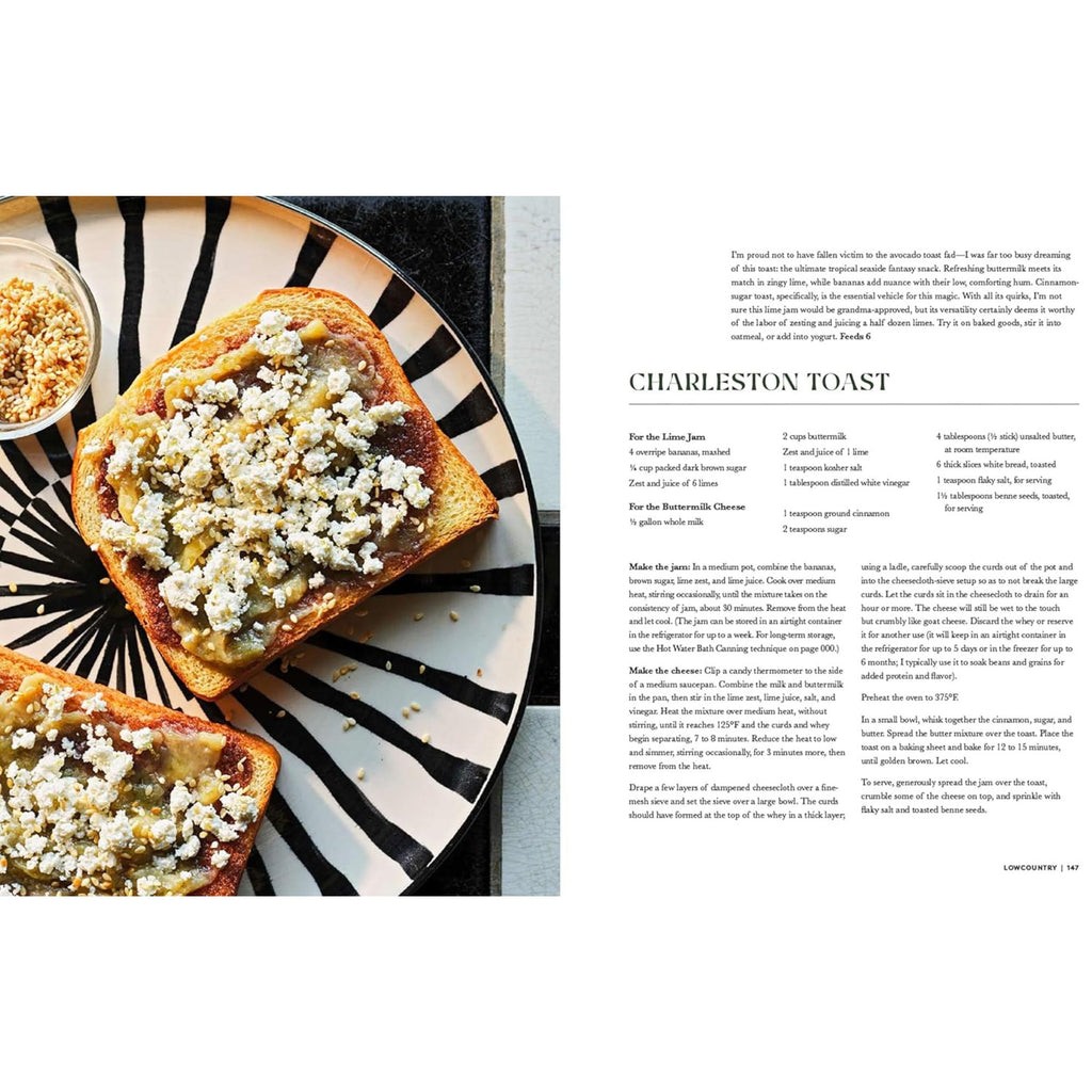 A page from the book "Our South: Black Food Through My Lens" by Gneiss Spice showcases a dish called "Charleston Toast," celebrating Southern cuisine. On the left, two toasts adorned with cheese and seasoning sit on a striped plate. On the right, find the recipe details and instructions in text, honoring rich regional traditions.