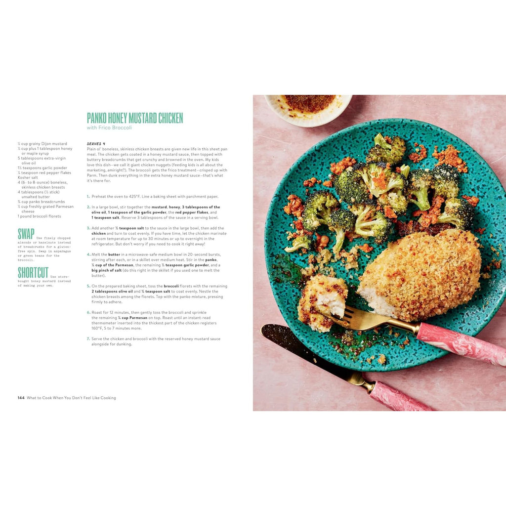 An open copy of "What To Cook When You Don't Feel Like Cooking" by Gneiss Spice reveals a simple recipe for Panko Honey Mustard Chicken with Broccoli. The right page displays an effortless meal featuring breaded chicken and broccoli on a turquoise plate, arranged on a pink surface with pink-handled cutlery—an ideal choice for inventive dinner ideas.