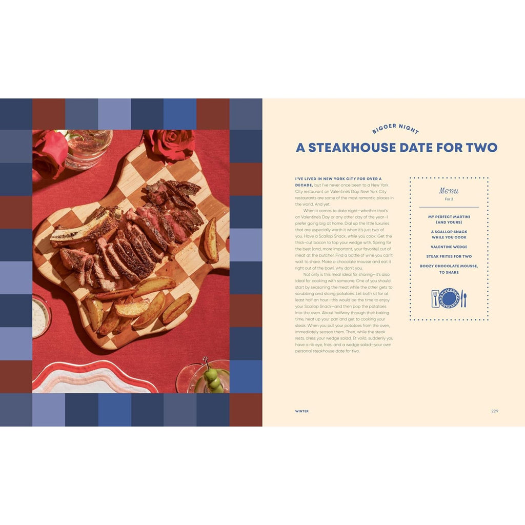 A cookbook spread titled "A Steakhouse Date for Two" from *Big Night: Dinners, Parties, and Dinner Parties* by Gneiss Spice showcases a photo of sliced steak and potato wedges on a wooden board—ideal for dinner parties. The page includes a menu list, hosting essentials, a short narrative, and a stylish patterned border in shades of blue and brown.