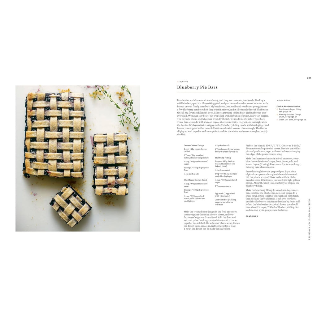 A page from the cookbook "Zoë Bakes Cookies: Everything You Need to Know to Make Your Favorite Cookies and Bars" by Gneiss Spice displays a recipe for Blueberry Pie Bars. On the left, three bars are presented with a lattice crust that evokes Zoë François' famed cookie recipes, while the right side features ingredients and instructions, complete with a sprig of thyme for garnish.