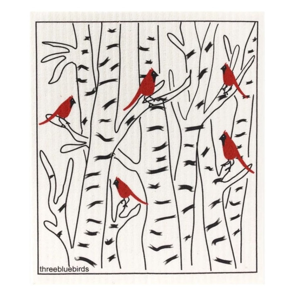 The Swedish Dishcloth — Cardinals by Gneiss Spice features an illustration of five red cardinals perched on white birch trees with black markings. The plain background accentuates the contrast between the vibrant birds and the trees, capturing the essence of these eco-friendly dishcloths known for their striking design and sustainability.