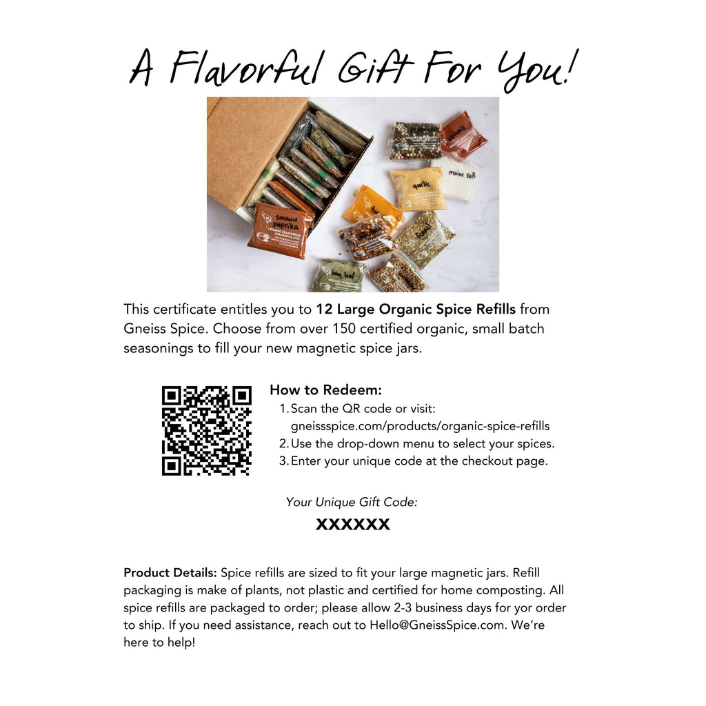 A 'FOODIE' GIFT BUNDLE from Gneiss Spice includes a gift certificate for 12 large organic spice refills, featuring empty magnetic jars for customized kitchen use. Instructions for redeeming via QR code and gift code are provided, with an image showcasing the spice packages and the simple ordering process.