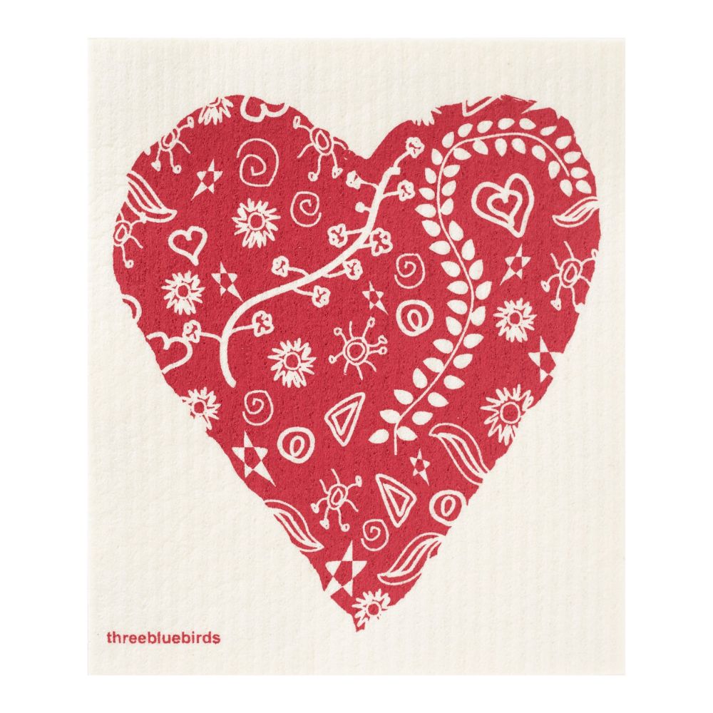 A red heart, embellished with detailed patterns including swirls, flowers, and geometric shapes, stands strikingly against a simple white background. In the bottom left corner, "Gneiss Spice" is printed subtly in small text on this eco-friendly creation—a nod to sustainable innovations like the Swedish Dishcloth Promotion: Buy 3, Get 1 Free.