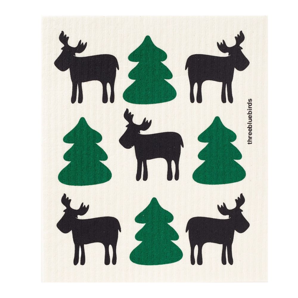 These eco-friendly Swedish dishcloths from Gneiss Spice feature a design of five black moose and four green pine trees arranged alternately on a cream-colored background. Take advantage of the Swedish Dishcloth Holiday Promotion — buy 3, get 1 free!