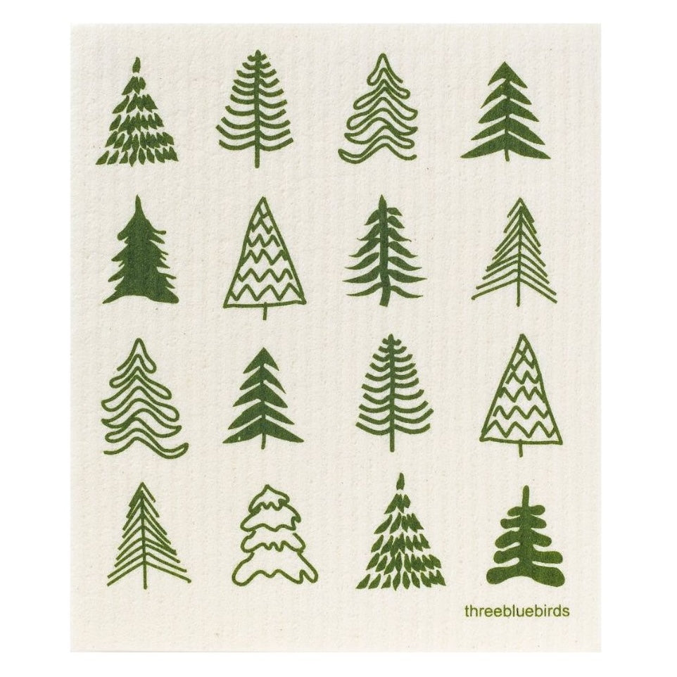 A reusable Swedish dishcloth from Gneiss Spice's Holiday Promotion — Buy 3, Get 1 Free collection showcases a grid of sixteen uniquely designed stylized green trees. This eco-friendly cloth features "threebluebirds" printed in the lower right corner and is highlighted by a textured background with subtle vertical lines.