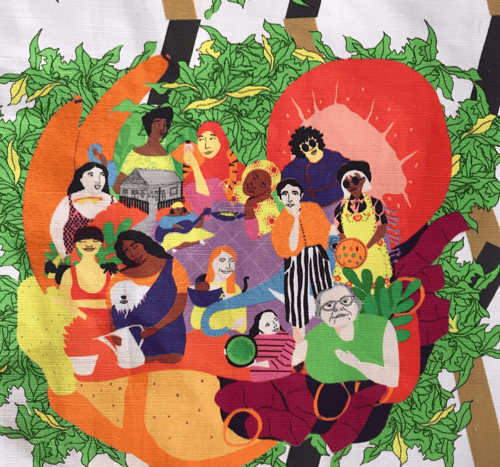 Joelle Avellino's illustration on the Gneiss Spice's Limited Edition Aprons + Tea Towels features vibrant figures, a large tomato, and an array of fruits and veggies against lush green vines, celebrating the creativity of women chefs—ideal for making a statement.