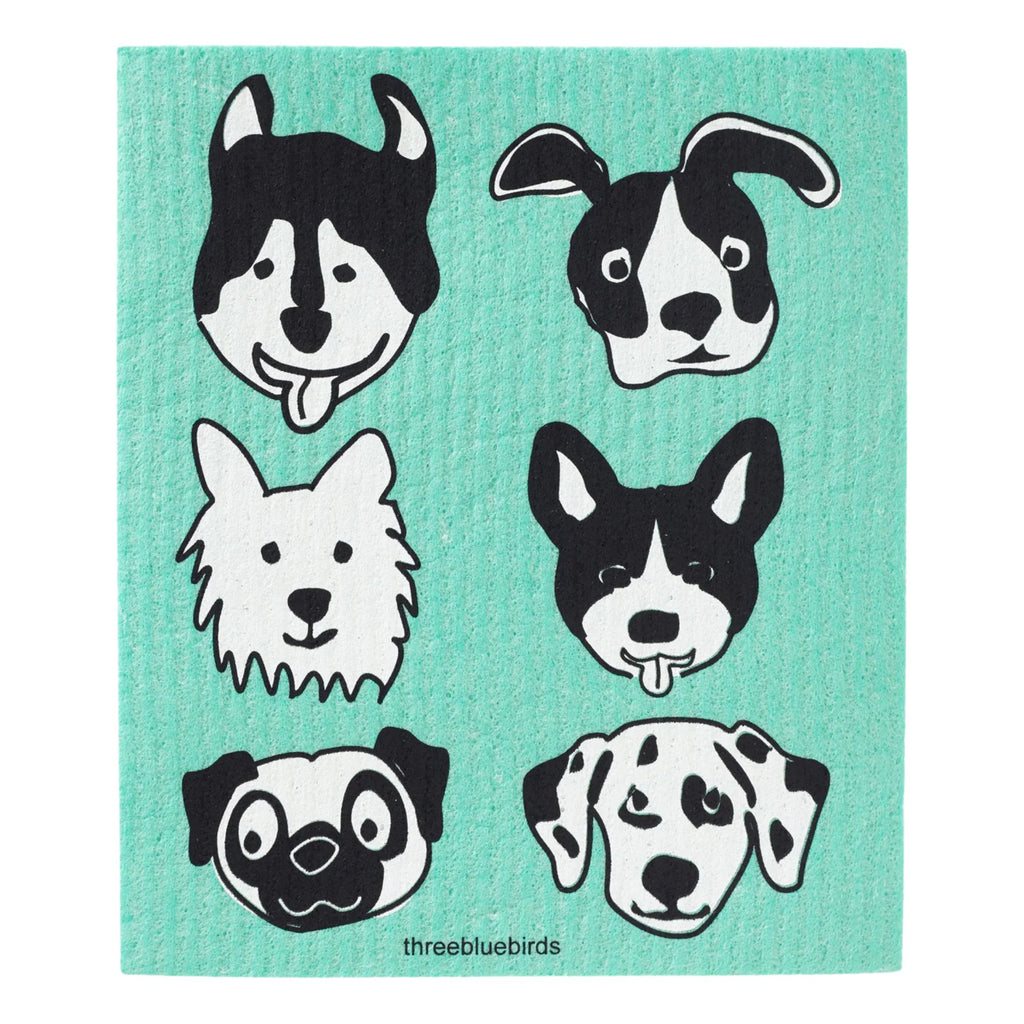 The Swedish Dishcloth — Bow Wow from Gneiss Spice features six cartoon dog faces on a turquoise background, showcasing various expressions and breeds like a husky, terrier, and Dalmatian. Add an eco-friendly touch to your decor with this playful Swedish dishcloth.