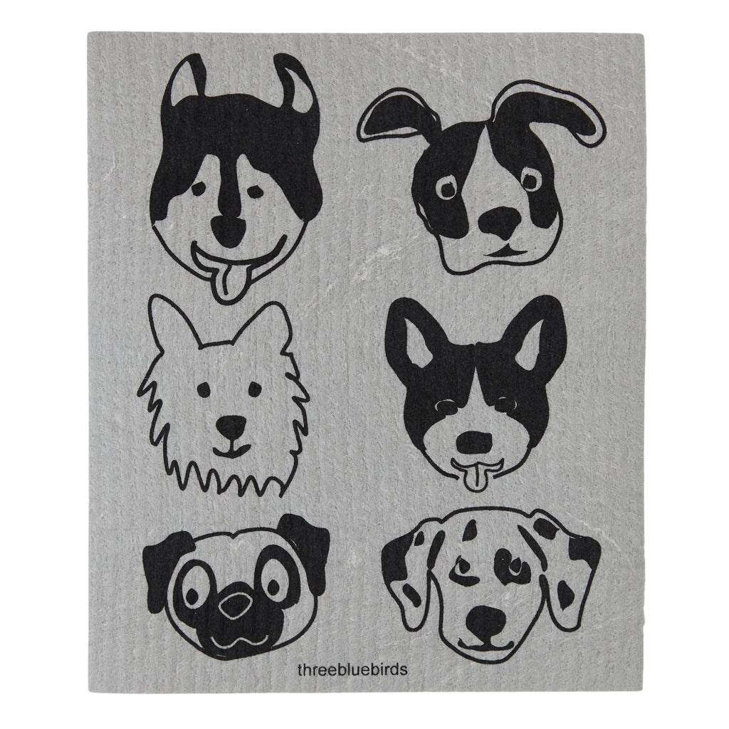 This eco-friendly dishcloth from Gneiss Spice features black-and-white illustrations of six dog faces, each showcasing unique emotions and representing different breeds, set against a gray background. It's a stylish and sustainable cleaning solution available through the Swedish Dishcloth Promotion — Buy 3, Get 1 Free.