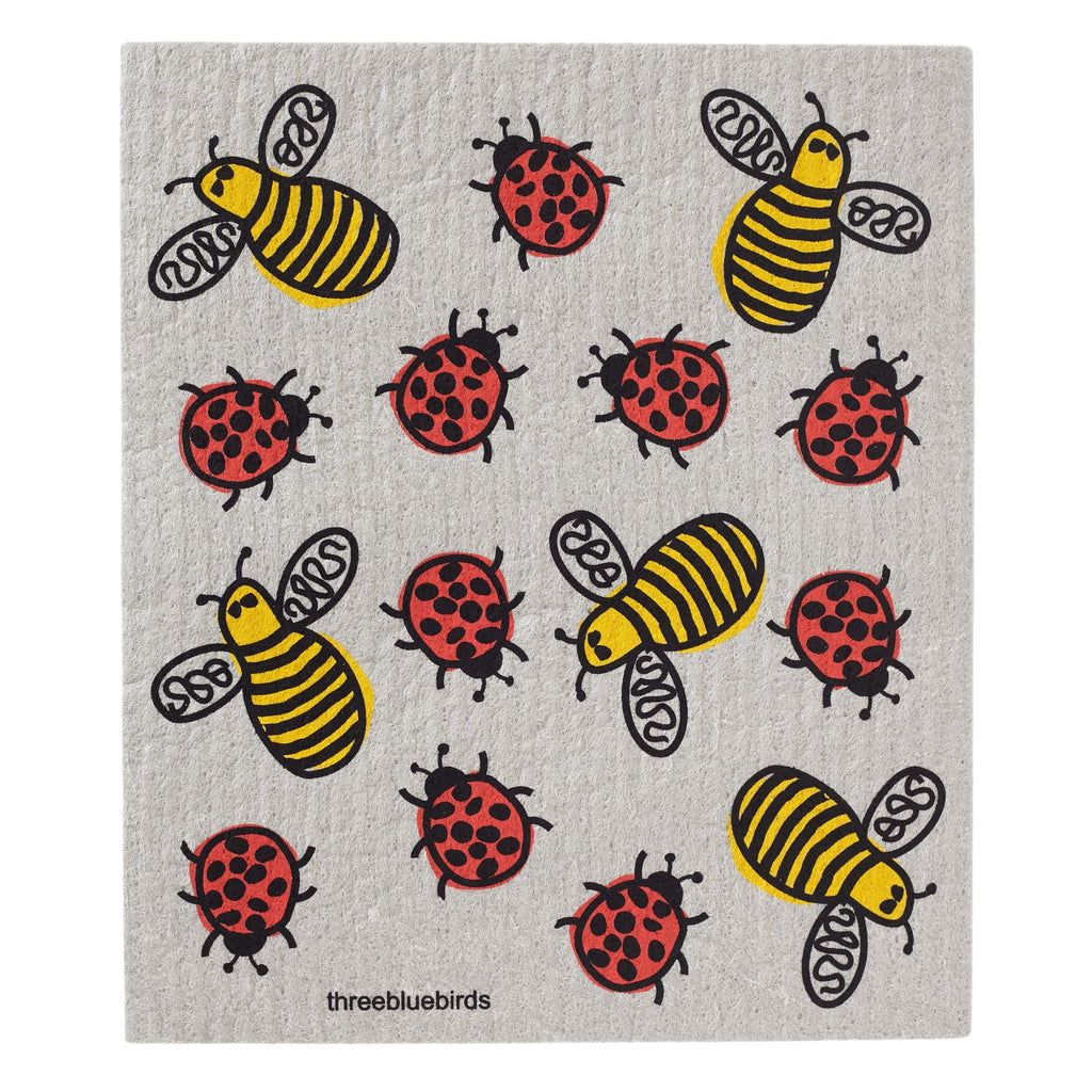 A Swedish dishcloth in gray features a delightful, colorful arrangement of yellow and black bees alongside red and black ladybugs, all evenly spaced for added charm. This eco-friendly, reusable cloth is marketed under the "Bees & Bugs" design by Gneiss Spice.