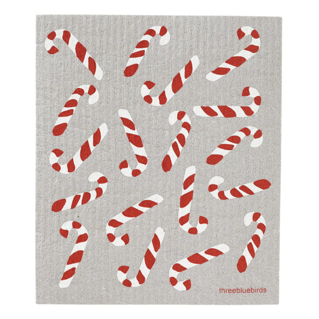 A delightful design of red and white candy canes set against a light gray background is featured on the eco-friendly Swedish Dishcloths from Gneiss Spice. These reusable cloths present candy canes arranged in various directions, perfect for holiday cleaning. Don't miss the Holiday Promotion—buy three and get one free.