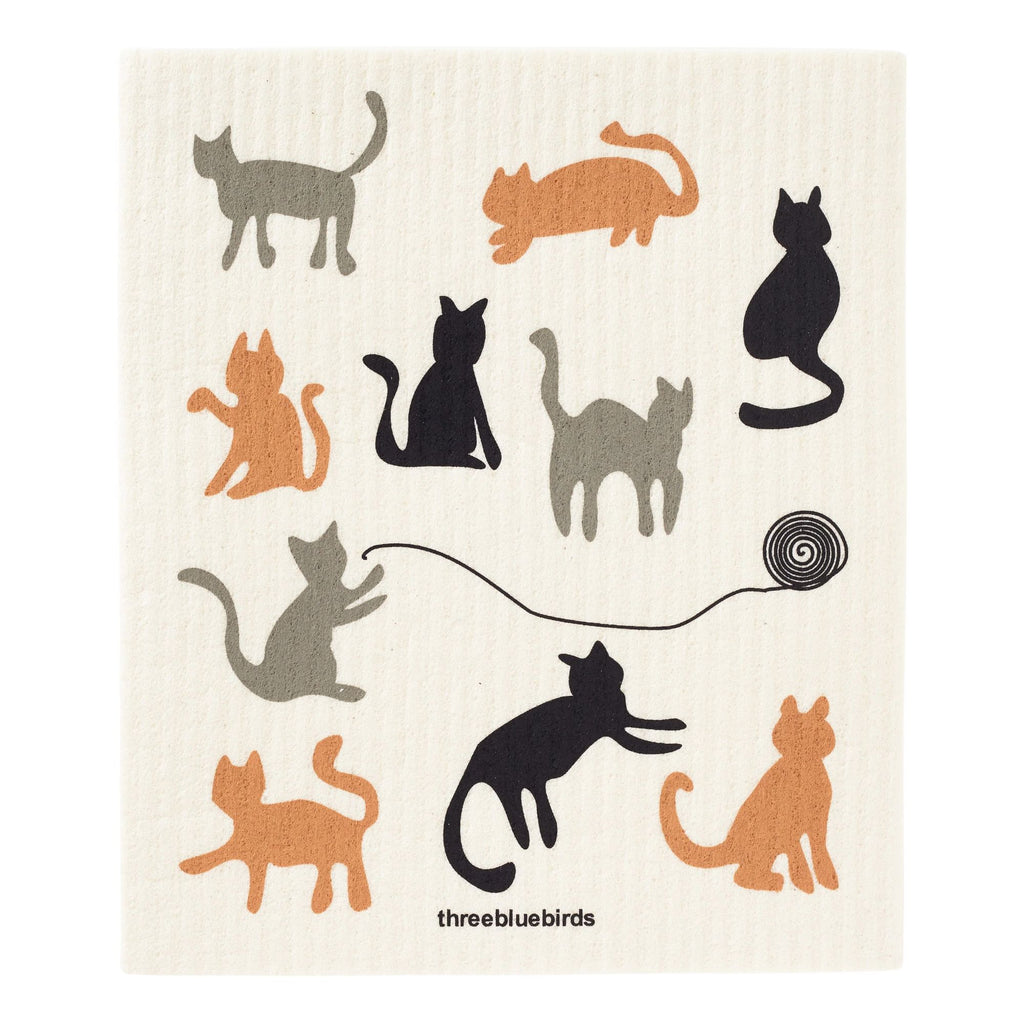 Illustration of playful cats in various colors and positions surrounding a ball of yarn on a white background, capturing the charm of the Gneiss Spice Swedish Dishcloth — Cats, which brings sustainability to your home.