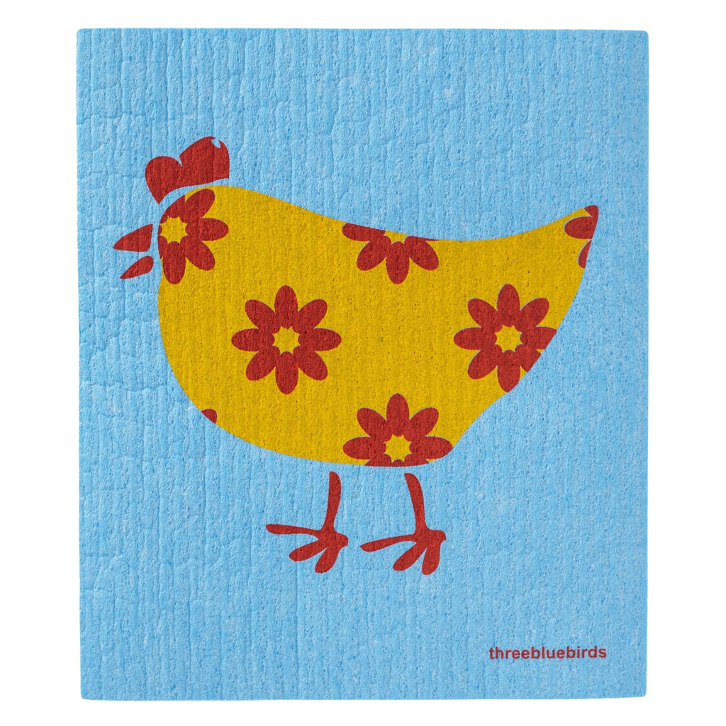 The Swedish Dishcloth Promotion — Buy 3, Get 1 Free by Gneiss Spice showcases a charming illustration of a yellow hen adorned with red floral patterns on a blue background, providing an eco-friendly and sustainable solution for your kitchen cleaning needs.