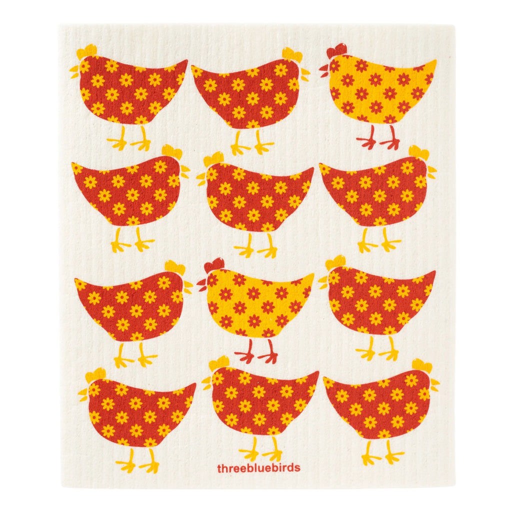 A pattern of twelve red chickens with yellow flowers and accents, arranged in a grid on a white background, decorates the Swedish dishcloth. The brand name "Gneiss Spice" is printed at the bottom, providing an eco-friendly and sustainable option for your cleaning needs. This dishcloth is part of a special promotion: buy three, get one free.