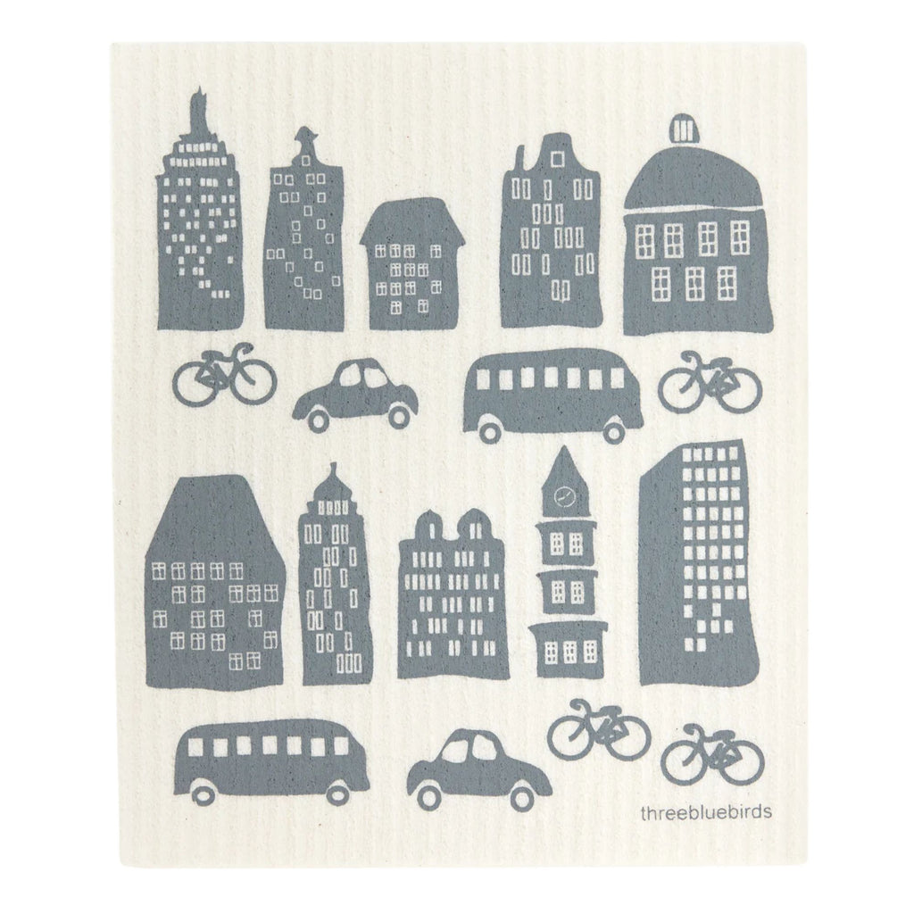 Illustration of various gray buildings, cars, buses, and bicycles arranged in a pattern on a beige background, similar to the eco-friendly design found in the Swedish Dishcloth — City Life by Gneiss Spice.