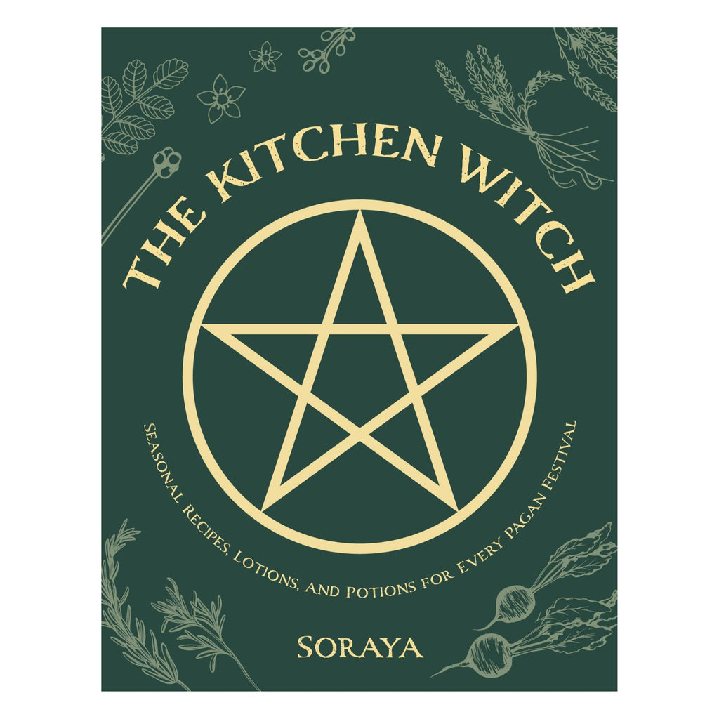 The cover of the book "Kitchen Witch" by Gneiss Spice features a prominent pentacle at its center, surrounded by illustrations of herbs and vegetables. The subtitle reads, "Seasonal Recipes, Lotions, and Potions for Every Pagan Festival.