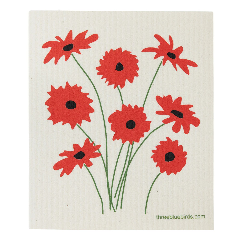 An illustration featuring red flowers with black centers and green stems on an off-white background evokes the style of Swedish dishcloths. This eco-friendly art piece includes the text "threebluebirds.com" in the lower right corner and is linked to Gneiss Spice's "Swedish Dishcloth Promotion — Buy 3, Get 1 Free.