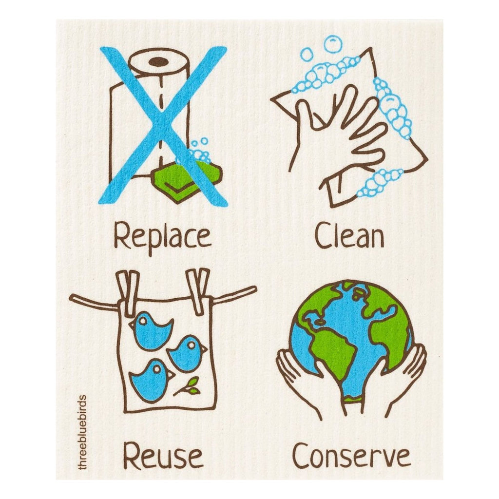 A graphic by Gneiss Spice promoting an eco-friendly lifestyle showcases four icons: a crossed-out paper towel above "Replace," hands washing a Swedish dishcloth — part of the Swedish Dishcloth Promotion (Buy 3, Get 1 Free) — above "Clean," a cloth with birds above "Reuse," and hands holding Earth above "Conserve." This sustainable solution aids in protecting our planet.