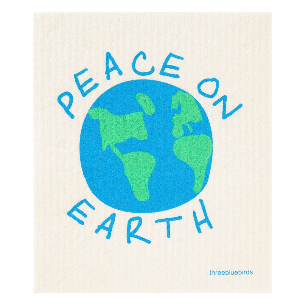 Textured beige background illustration featuring Earth in blue and green with "Peace on Earth" inscribed, emphasizing an eco-friendly message. Product: Swedish Dishcloth — Peace on Earth by Gneiss Spice.