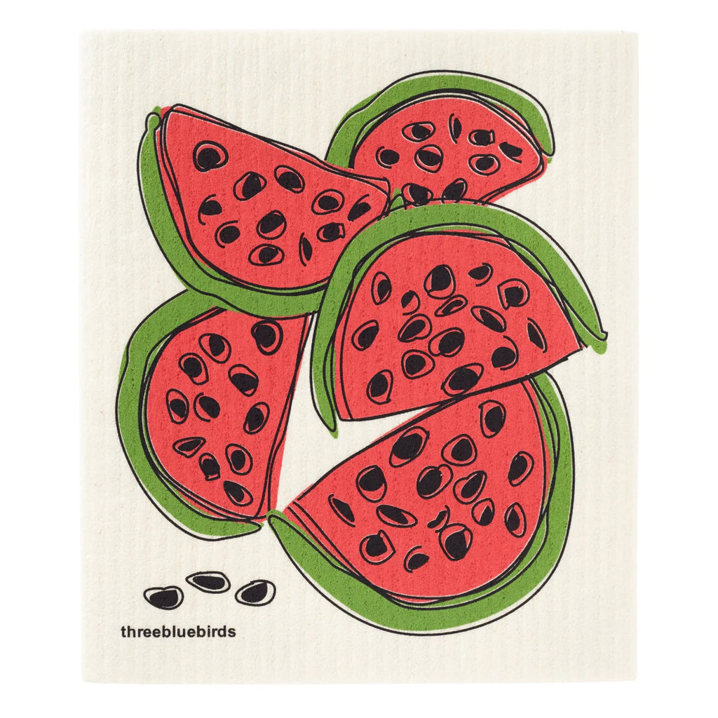 Illustration of several watermelon slices with green rinds and black seeds, arranged in a circular pattern. Set against a textured off-white background, the scene features the word "Gneiss Spice" along with three black seeds, evoking the style of their eco-friendly product: Swedish Dishcloth Promotion — Buy 3, Get 1 Free.