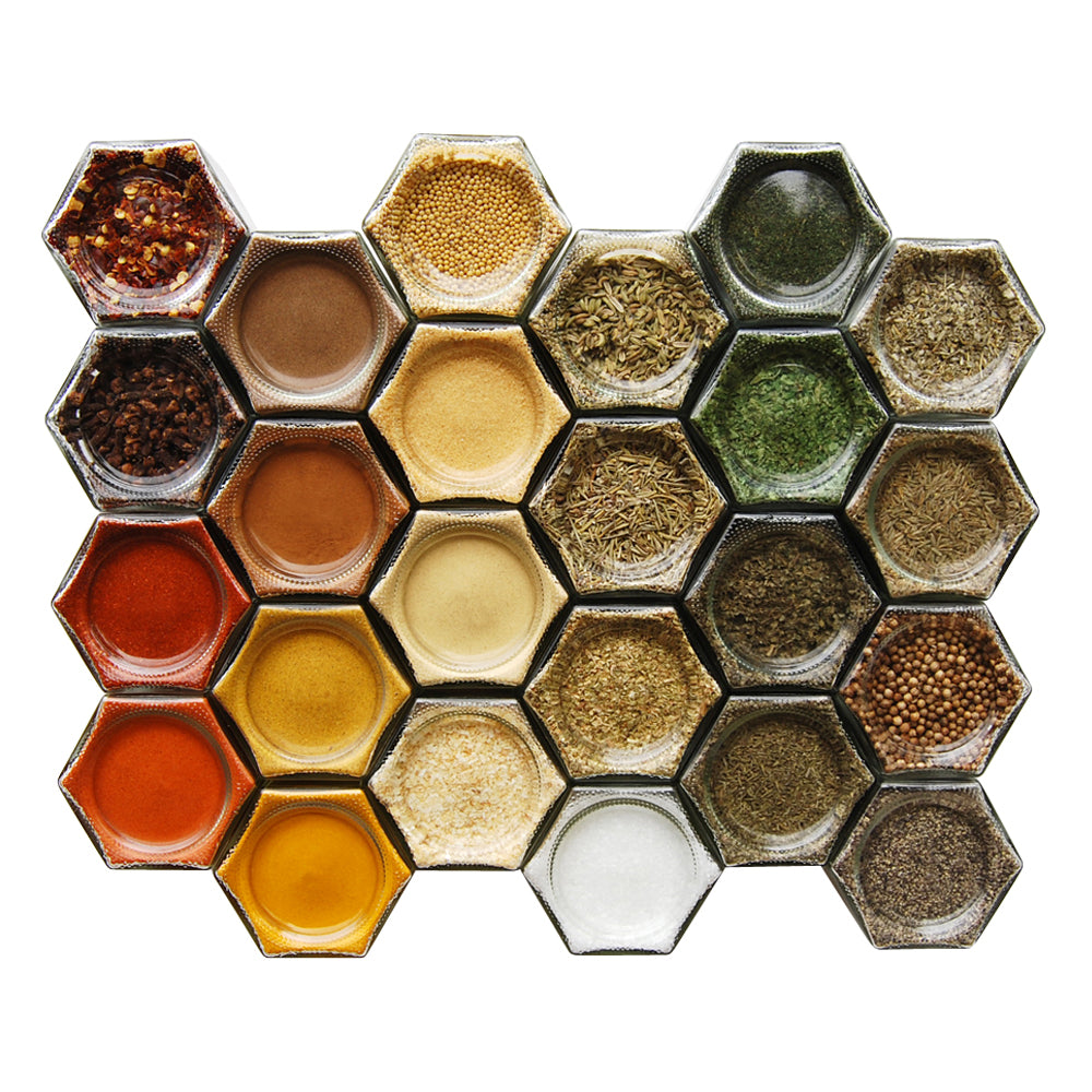 Magnetic Spice Rack by Gneiss Spice 24 Small Empty Hexagon Glass Jars Clear  Labels Spices for Fridge Pantry Storage Organization 