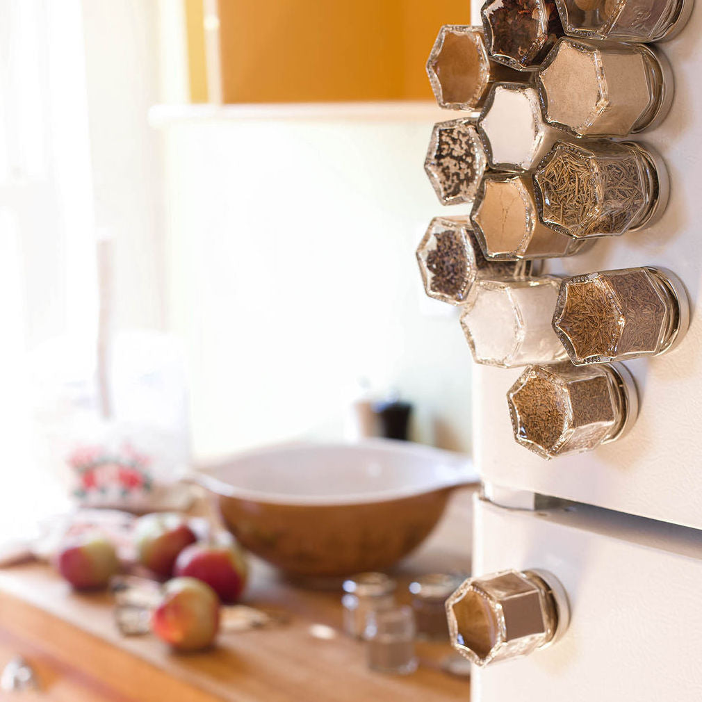 Gneiss Spice DIY Wall Hanging Magnetic Spice Rack (24 Small Jars, Silver Lids, 12x15 Stainless Plate)